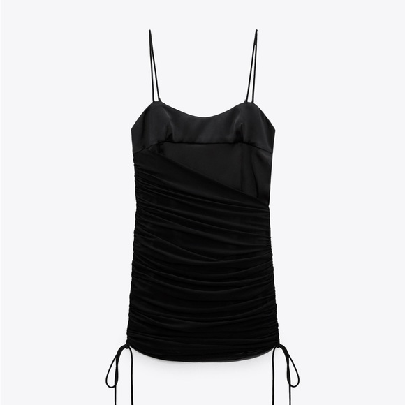 Satin Effect Ruched Corset Little Black Dress Mini Party Night Out - Picture 5 of 9